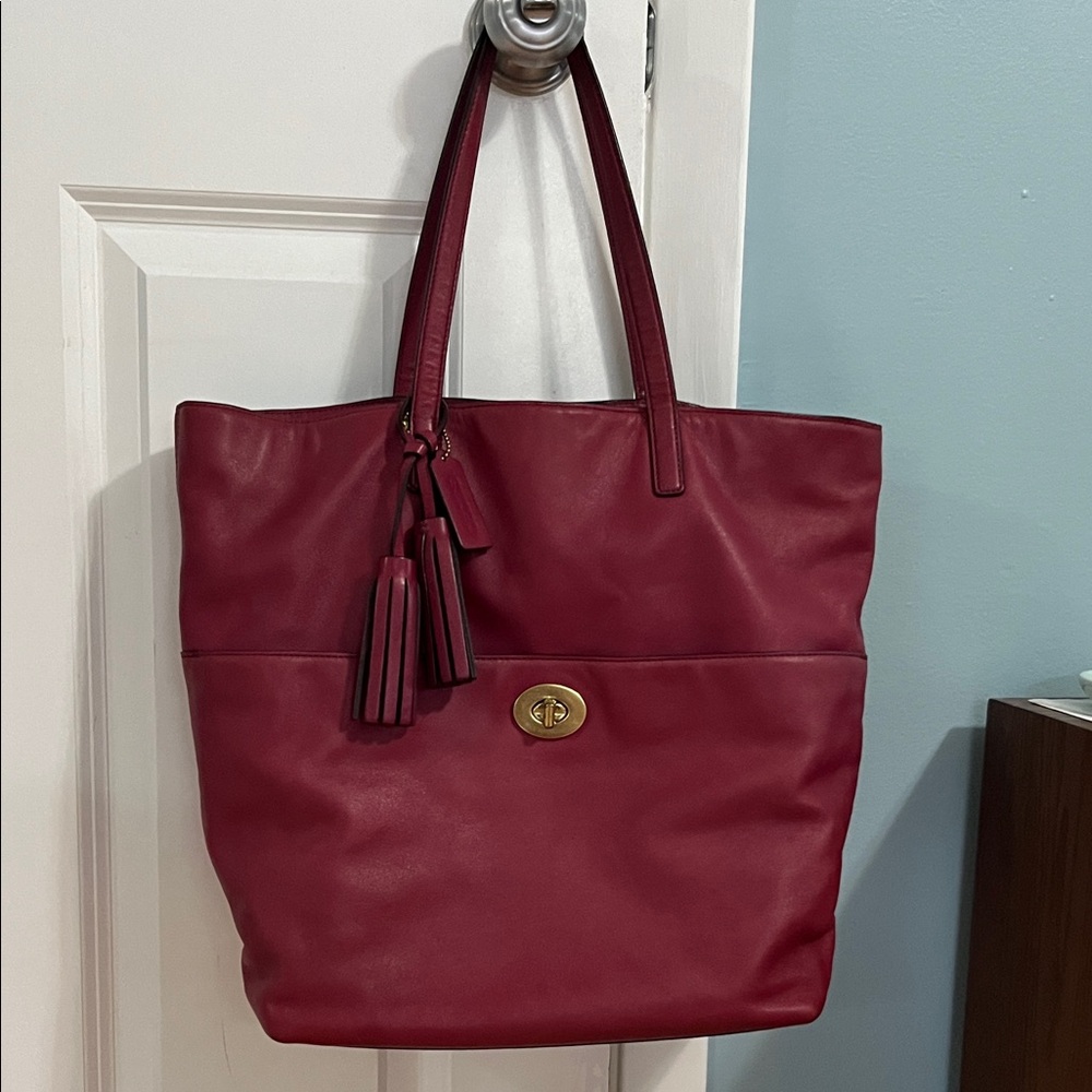 Coach port wine color Leather Tote Bag with Tassel Detail